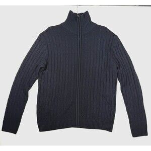 H2H Mens Cable Knit Sweater Mens Large Navy Blue Full zip Cardigan Mock Neck